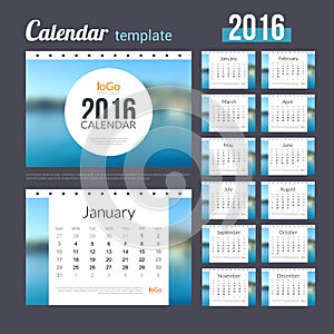 Desk Calendar 2016 Design Template with Nature Coast Water Background. Sunday Start. Set of 12 Months.