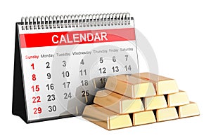 Desk calendar with gold bars, 3D rendering