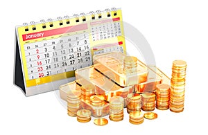 Desk calendar with gold bars and golden coins, 3D rendering