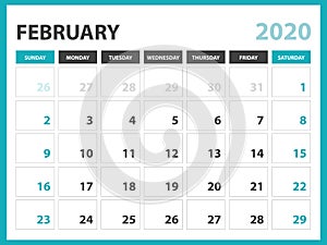 Desk calendar layout  Size 8 x 6 inch, February 2020 Calendar template, planner design, week starts on sunday, stationery design