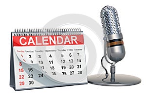 Desk calendar with retro microphone, 3D rendering