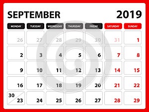 Desk calendar for SEPTEMBER 2019 template, Printable calendar, Planner design template, Week starts on Sunday, Stationery design