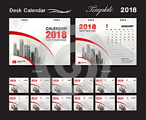 Desk Calendar 2018 template design, red cover, Set of 12 Months, Business calendar creative