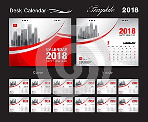 Desk Calendar 2018 template design, red cover, Set of 12 Months, Business creative