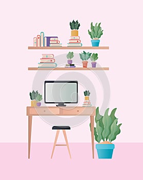 Desk with chair computer and plants in room vector design