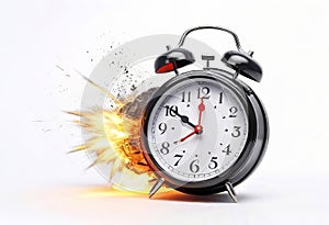 desk clock alarm clock explodes like a time bomb, fantastic style, white background