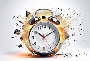 desk clock alarm clock explodes like a time bomb, fantastic style, white background