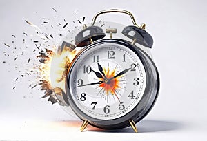 desk clock alarm clock explodes like a time bomb, fantastic style, white background