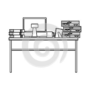 Desk with computer desktop and pile documents