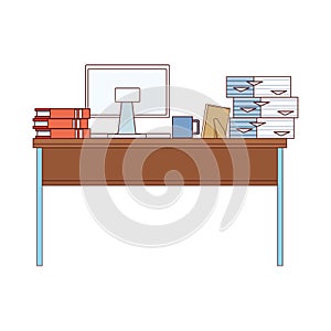 Desk with computer desktop and pile documents