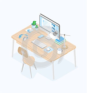 Desk with computer display, table lamp, earphones, keyboard, mousepad, mug on it and chair isolated on white background