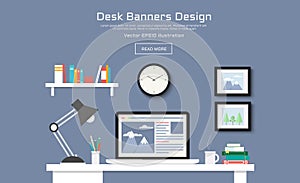 Desk with computer, documents and stationery. Workplace for the business and education. Flat design illustration for web design,