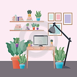 Desk with computer lamp and plants in room vector design