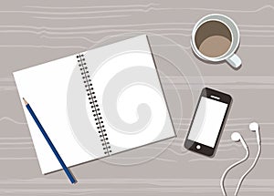 Desk with a cup of coffee, handphone and noter books vector flat design top view
