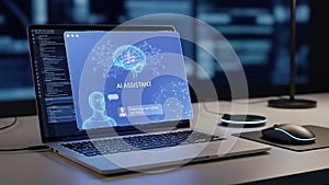On a desk displaying an AI ASSISTANT interface with a digital