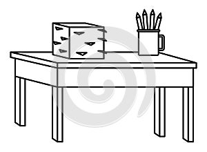 Desk with documents piled and pencils in cup in black and white