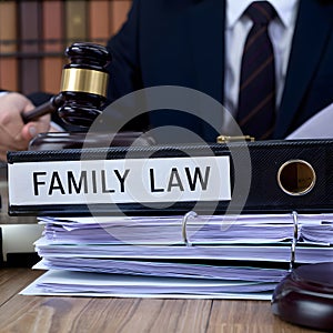 Desk with Family Law binder, papers, and suited figure with gavel - legal professionalism. photo