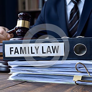 Desk with Family Law binder, papers, and suited figure with gavel - legal professionalism. photo