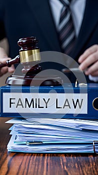 Desk with Family Law binder, papers, and suited figure with gavel - legal professionalism. photo