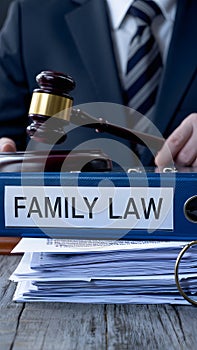 Desk with Family Law binder, papers, and suited figure with gavel - legal professionalism. photo