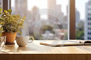 Desk of free space and kitchen interior, wooden table, kitchen window and shelves. Aesthetic photo, macro close up