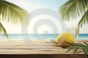 Desk of free space with lemonade cocktail and fruit on the beach summer background.