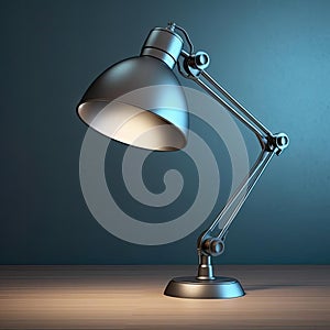 Desk lamp on a wooden table and blue wall background