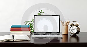 Desk with laptop books and alarm clock