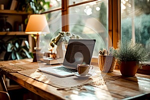 A desk with a laptop, a cup of coffee, and a plant