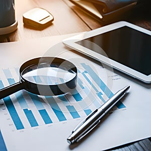 Desk with magnifying glass on bar chart, tablet, silver pen on paper Focus on analysis