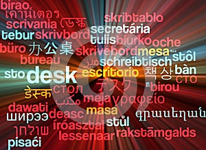 Desk multilanguage wordcloud background concept glowing