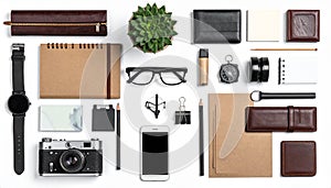 Desk objects top view various desk items isolated on white background