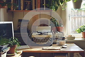 A desk in a retro-inspired home office featuring a laptop and a typewriter, A retro-inspired home office with an old-fashioned