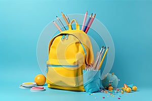 Desk with school accessory and yellow backpack on blue background illustration generative ai