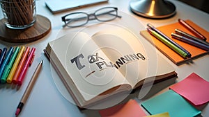 A desk setup with a notebook titled Tax Planning