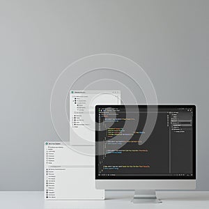 A desk setup with a sleek, modern desktop computer displaying a code editor on the