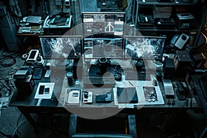 Cluttered desk with multiple monitors displaying global data