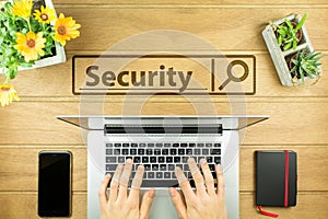 Desk shot Flatlay from above with someone writing and a searchbar