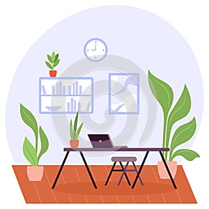 Desk space at home concept, Comfy table, bookcase, shelves vector color icon design