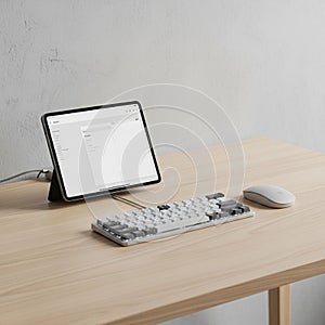 On the desk is a tablet with a stand displaying a plain white interface