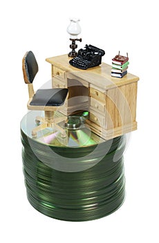 Desk with Typewriter on Stack of Disks