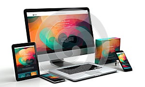 A desk with various electronic devices including a computer, tablet, phone, and laptop