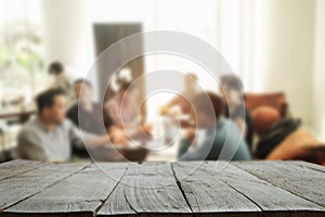 Desk wood space platform with business people in a meeting at office photo