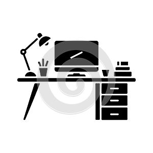 Desk Workspace Setup Solid Icon with Computer