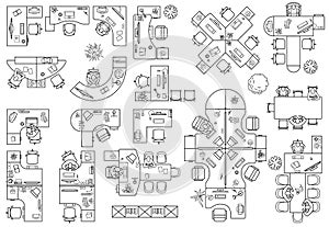 Desks working table, system of office equipment. Floor plan of office or cabinet in top view. Vector