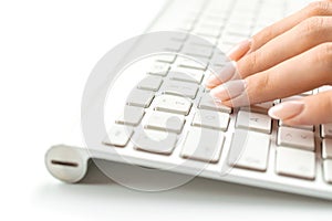 Desktop background. Woman using laptop. Female online work female. Hand typing on desktop office computer keyboard