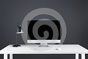 desktop computer with blank screen with keyboard and computer mouse