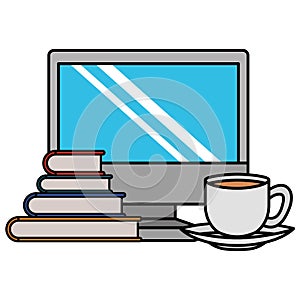 Desktop computer with books and cup coffee icon