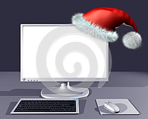 Desktop computer with Christmas hat