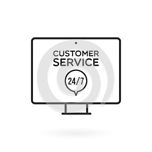 Desktop computer customer service 24/7 illustration. Concept of 24/7, open 24 hours, support, assistance, contact, customer